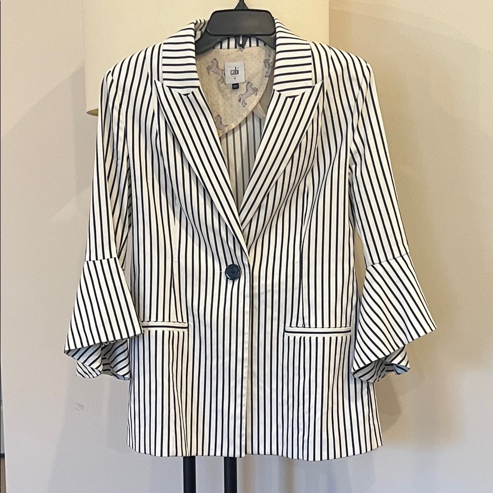 CAbi Black and White Striped Blazer with Flared Sleeves
